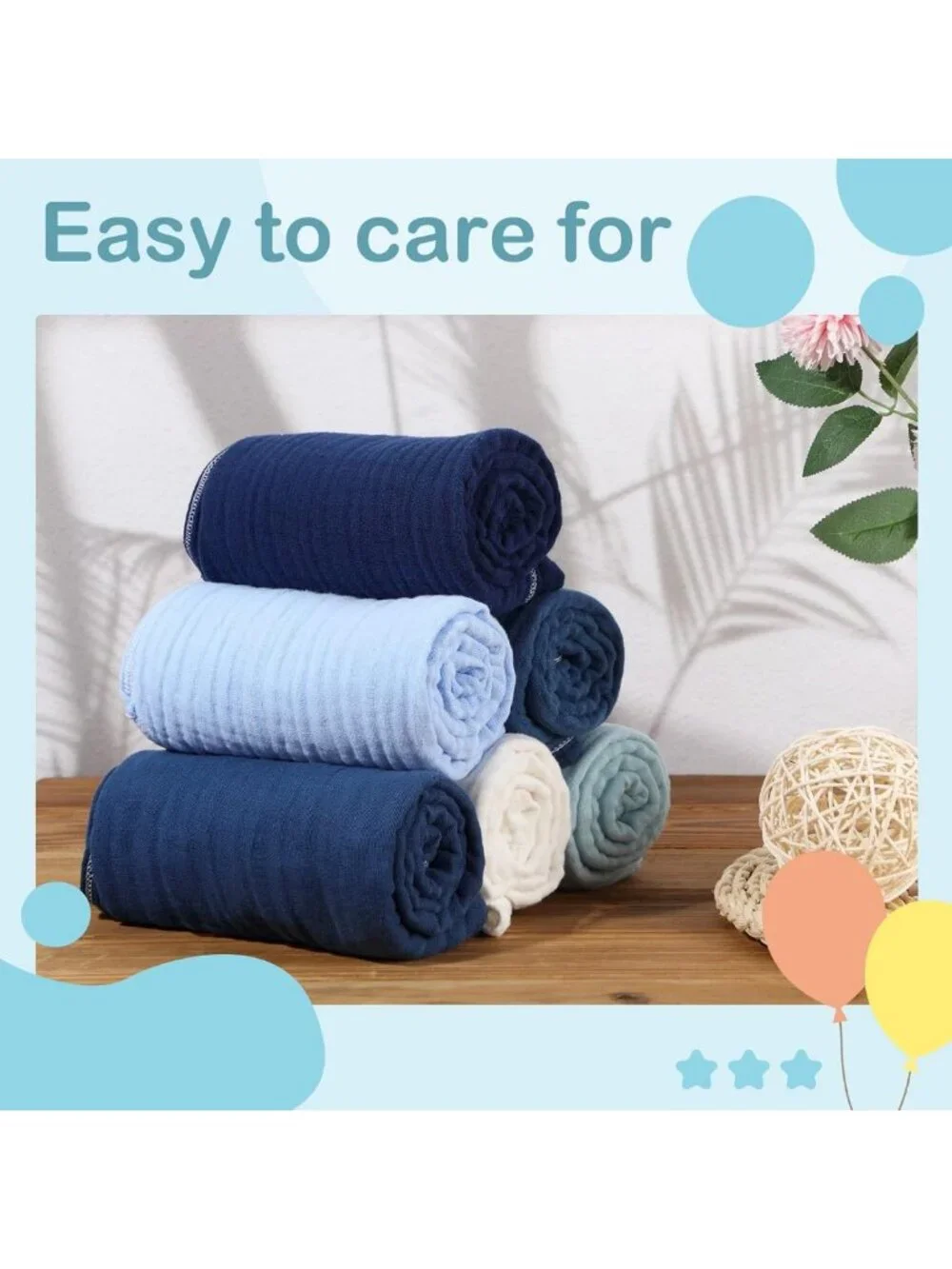 Soft Cotton Muslin Hooded Baby Towels - 6 Pack, Adorable Blue Color, Quick-Dry